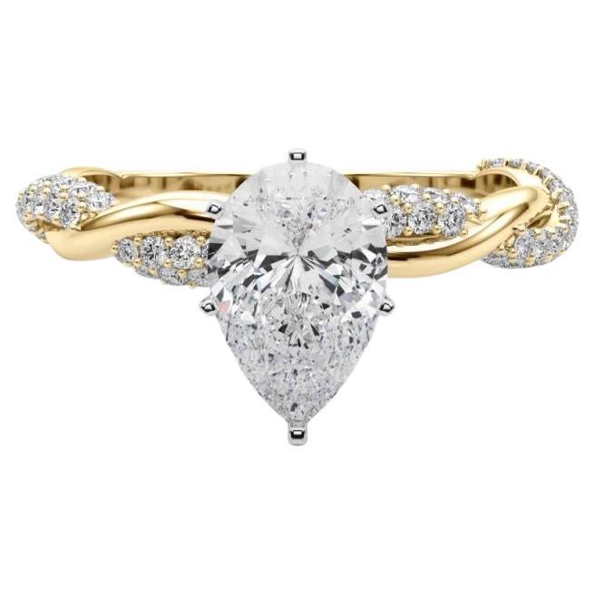 GIA Anello con diamanti in oro giallo 18 carati da 1,2 carati con pera ritorta e pavé intrecciato