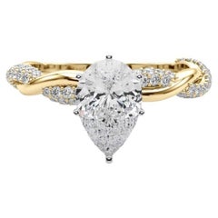GIA Anello con diamanti in oro giallo 18 carati da 1,2 carati con pera ritorta e pavé intrecciato