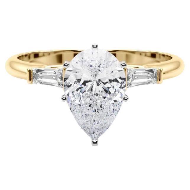 GIA 1,5ct Pear Three-Stone Tapered Baguette 18K Yellow Gold Diamond Ring (bague à diamants en or jaune)