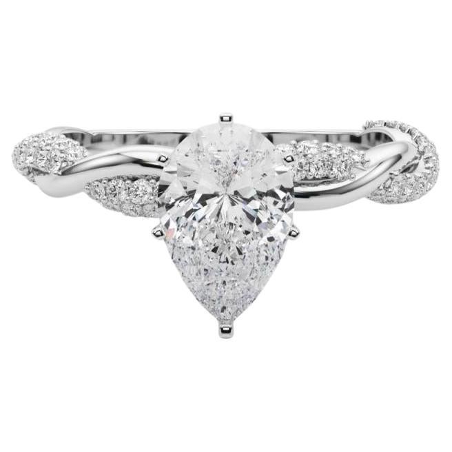GIA Anillo de diamantes de oro blanco de 18 quilates con banda trenzada con pavé trenzado de pera de 1,01 quilates
