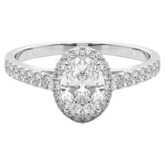 GIA Certified 1 Carat Oval Halo Pave 18K White Gold Diamond Ring