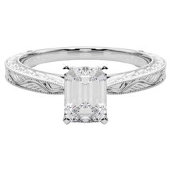 GIA 1.71ct Emerald Classic Solitaire Antique Engraved White Gold Diamond Ring