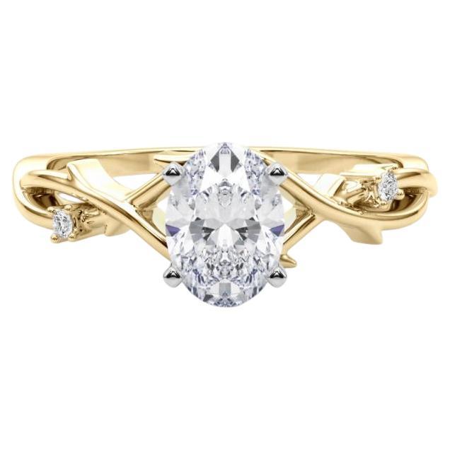 GIA 1.7 Carat Oval Vine Band Nature Inspired 18K Yellow Gold Diamond Ring