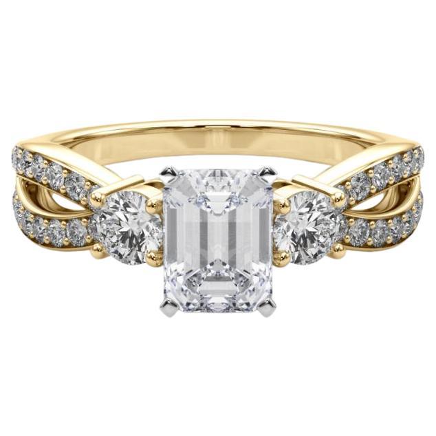GIA 1.7ct Emerald Three-Stone Split Shank Pave 18K Yellow Gold Diamond Ring (bague en or jaune avec diamants)