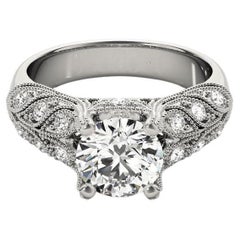 GIA 1.5 Carat Round Vintage Milgrain Pave Leaf  Diamond Ring
