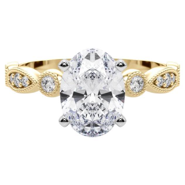 GIA Bague en or jaune diamant 1.2ct ovale, marquise et rond avec chaton à milgrain