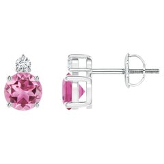Natural Pink Tourmaline & Diamond Stud Earrings in 14K Gold