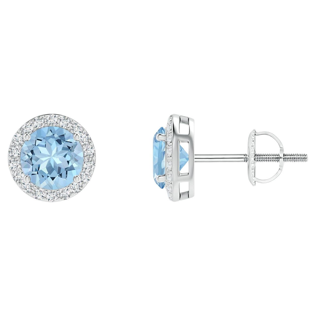 Angara 14K Gold Aquamarine Diamond Halo Stud Earrings, 0.8 Carats For Sale