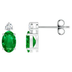 Angara 14K Solid Gold Oval Emerald Stud Earrings with Diamonds, 0.8 Carats