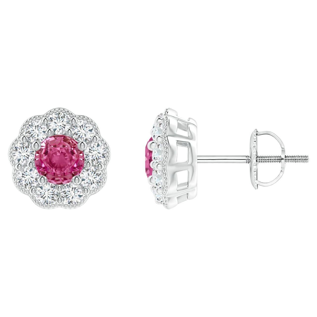 14K Gold Pink Sapphire Halo Stud Earrings, 0.66ct Natural Gemstones For Sale