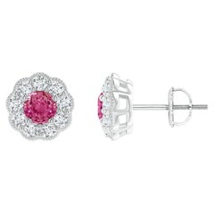 Angara Natural Vintage Style Round Pink Sapphire Halo Stud Ears in 14K Gold (Boucles d'oreilles saphir rond en or 14K)