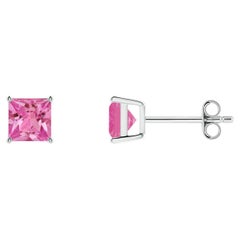 Pendientes de oro de 14 quilates con zafiro rosa cuadrado de 1,5 quilates en engaste de cesta natural Angara