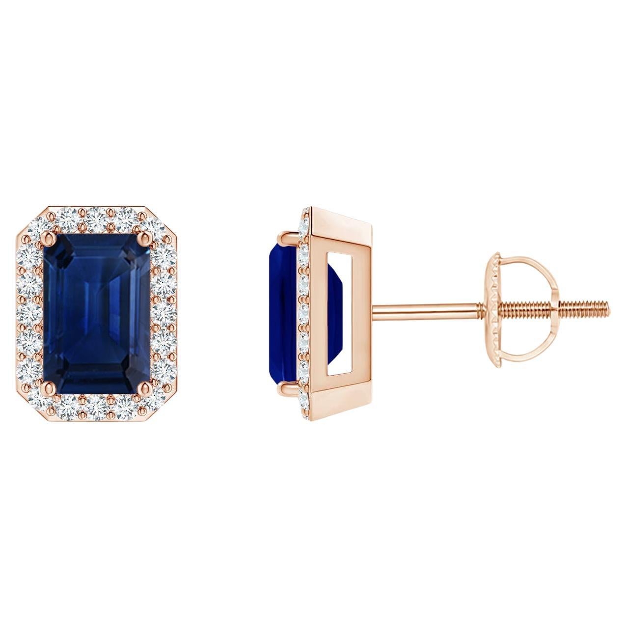 Angara - Boucles d
oreilles saphir taille émeraude naturelle avec halo de diamants en or 14K