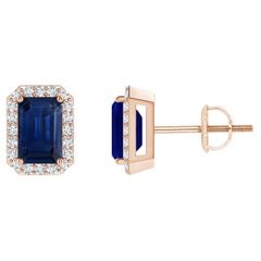 Angara Natural Emerald-Cut Sapphire Stud Earrings with Diamond Halo in 14K Gold