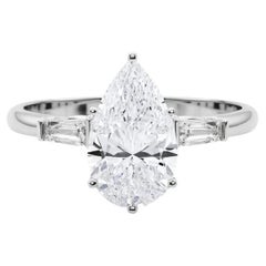 GIA 4.ct Pear Three-Stone Tapered Baguette 18K White Gold Diamond Ring