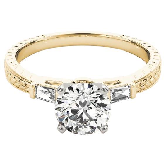 GIA Anello con diamante rotondo inciso a tre pietre Baguette in oro giallo 18 carati da 2,81 carati