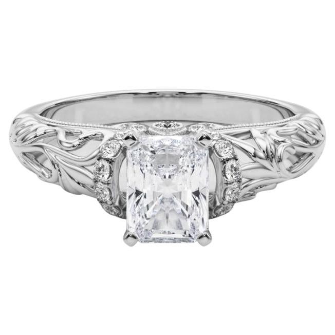 GIA 2.4ct Radiant Chevron Halo Floral Filigree 18K White Gold Diamond Ring