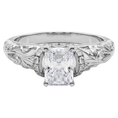 GIA 2.4ct Radiant Chevron Halo Floral Filigree 18K White Gold Diamond Ring