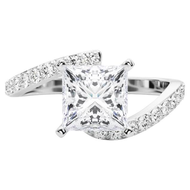 GIA 1.33 Carat Princesse Bypass Pave Shank 18K White Gold Diamond Ring