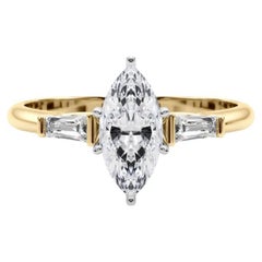GIA 1.51ct Marquise Three-Stone Tapered Baguette 18K Yellow Gold Diamond Ring