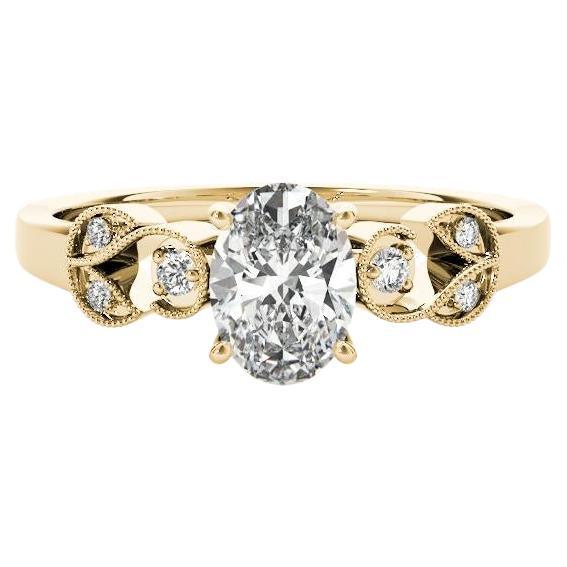 GIA Anillo de diamantes de oro amarillo de 18 quilates con enrejado de hojas de jardín formal oval de 1,7 quilates