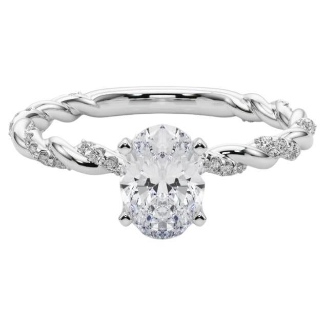 GIA 2.01ct Oval Micro Pave Twisted Braid Band 18K White Gold Diamond Ring