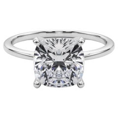 GIA 4.03ct Cushion Slim Band Prong Set Solitaire 18K White Gold Diamond Ring