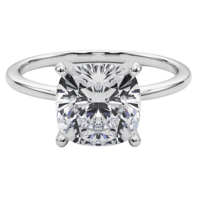 GIA 3.01ct Cushion Slim Band Prong Set Solitaire 18K White Gold Diamond Ring