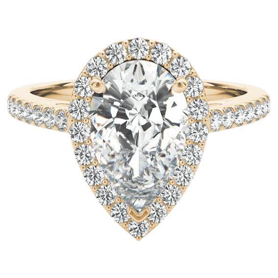 GIA Certified 1.3 Carat Pear Halo Cathedral 18K Yellow Gold Diamond Ring For Sale