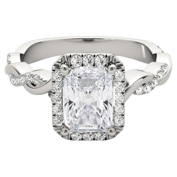 GIA Certified 1.7 Carat Braided Band Radiant Halo White Gold Diamond Ring For Sale
