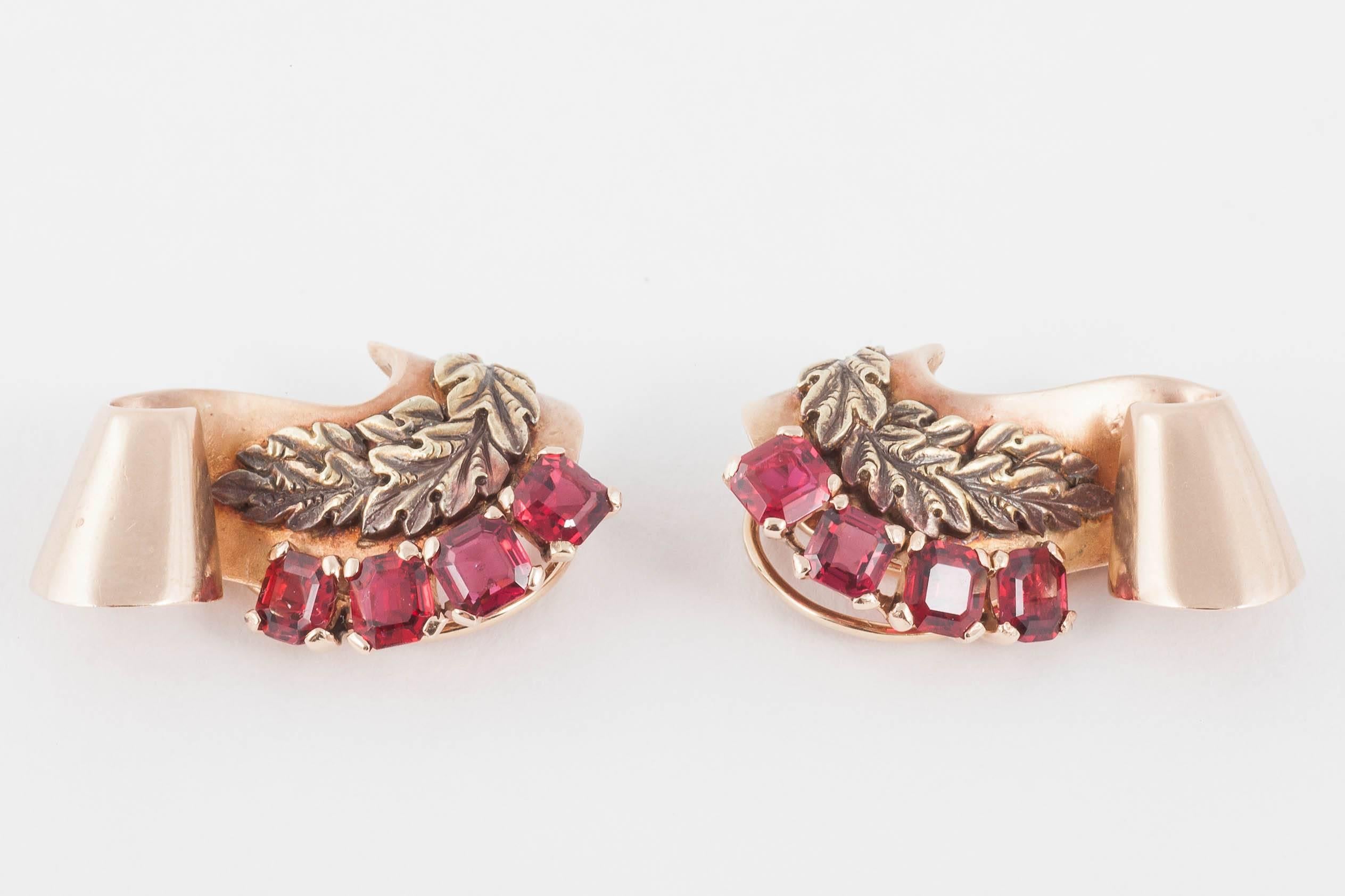 1940's Spinel and Diamond earrings in 2 colour 9ct Gold in original fitted case by Le Roy et Fils London