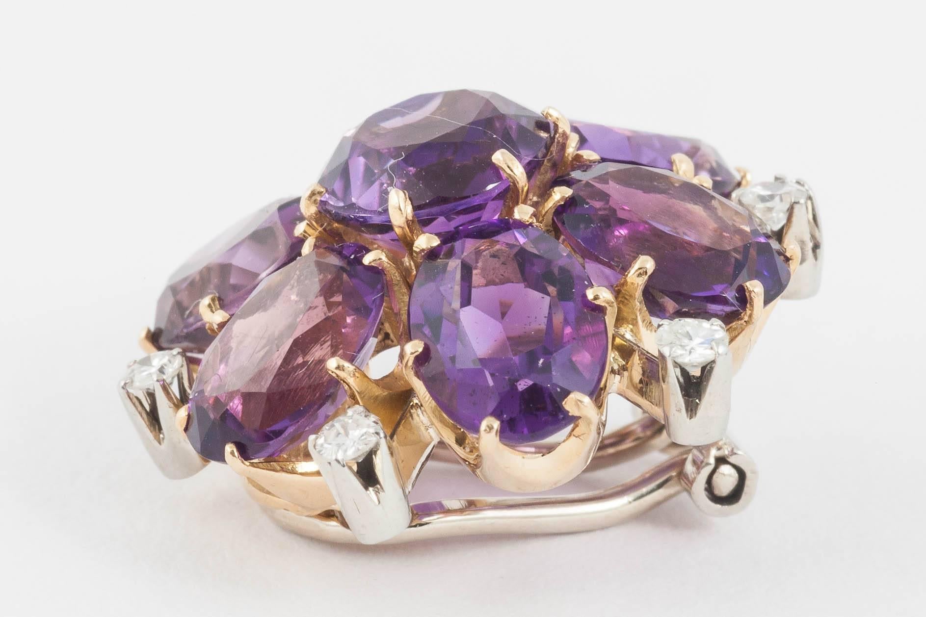 Stunning Amethyst and Diamond Round Cluster Ear Clips In Excellent Condition For Sale In London, GB