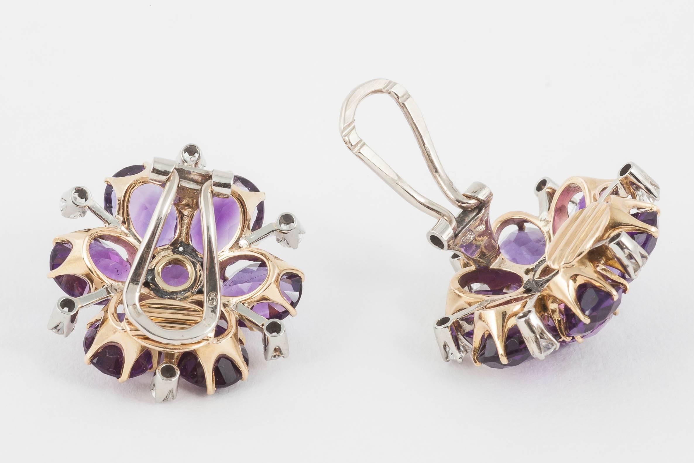 Stunning Amethyst and Diamond Round Cluster Ear Clips For Sale 1