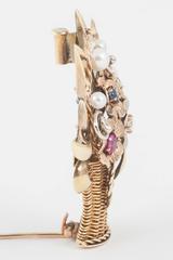 Basket Brooch with Multi Gem Flowers and Cultured Pearls