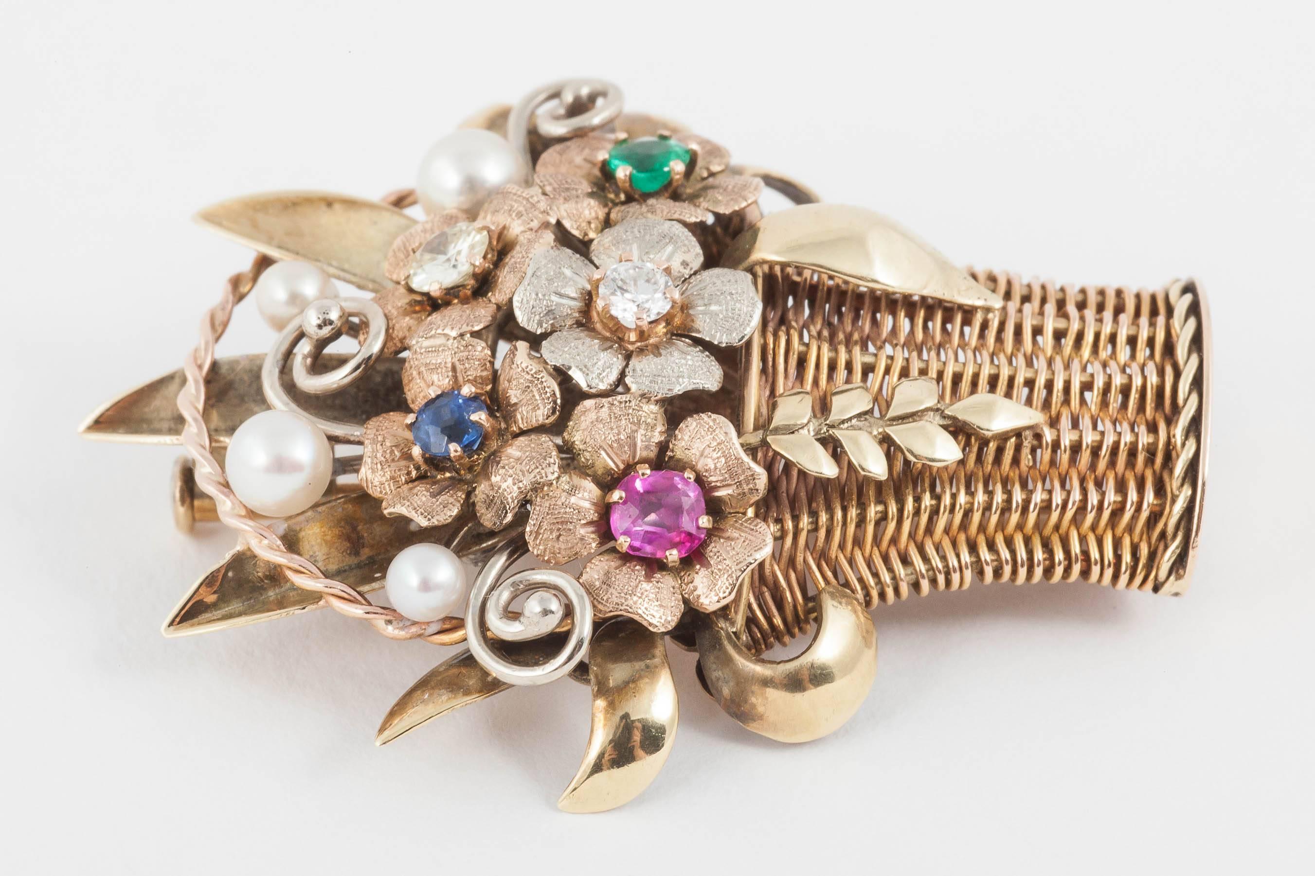 Basket Brooch with Multi Gem Flowers and Cultured Pearls In Excellent Condition For Sale In London, GB