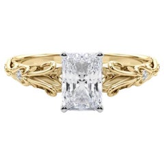 GIA 2.52ct Radiant Vintage 3-Stone Heart 
Vine 18K Yellow Gold Diamond Ring