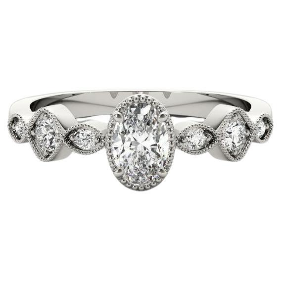 GIA Anillo de diamantes de oro blanco de 18 quilates, engastado en bisel oval de 1,5 quilates, con varias piedras milgrain