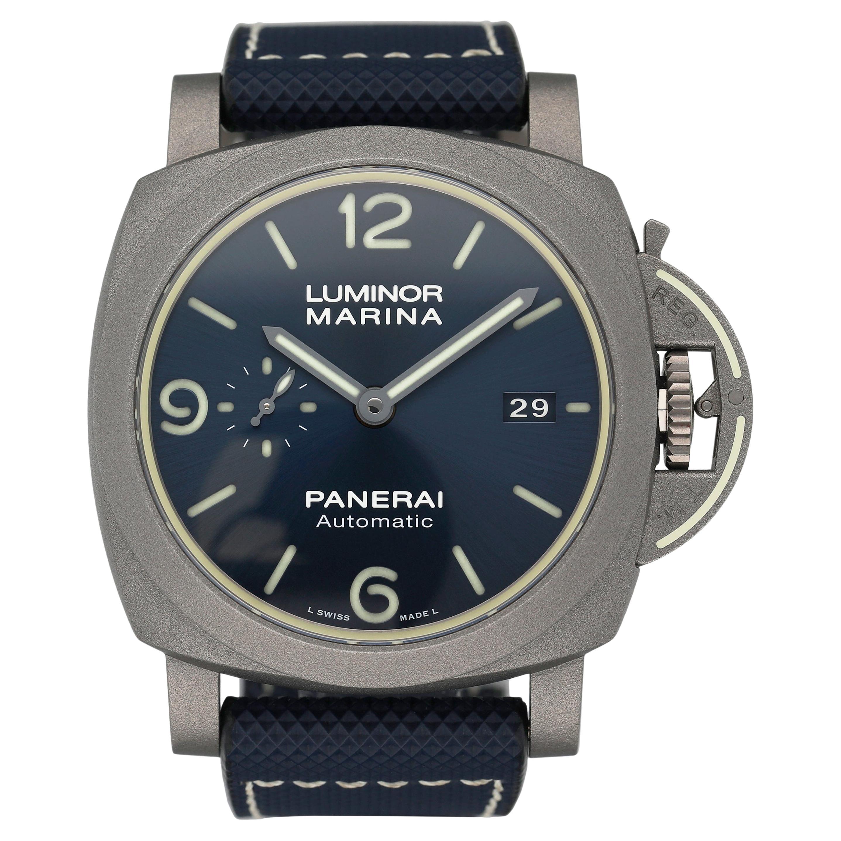 Panerai Luminor Marina PAM01117 Blau Zifferblatt Titan Herrenuhr Box Papiere im Angebot