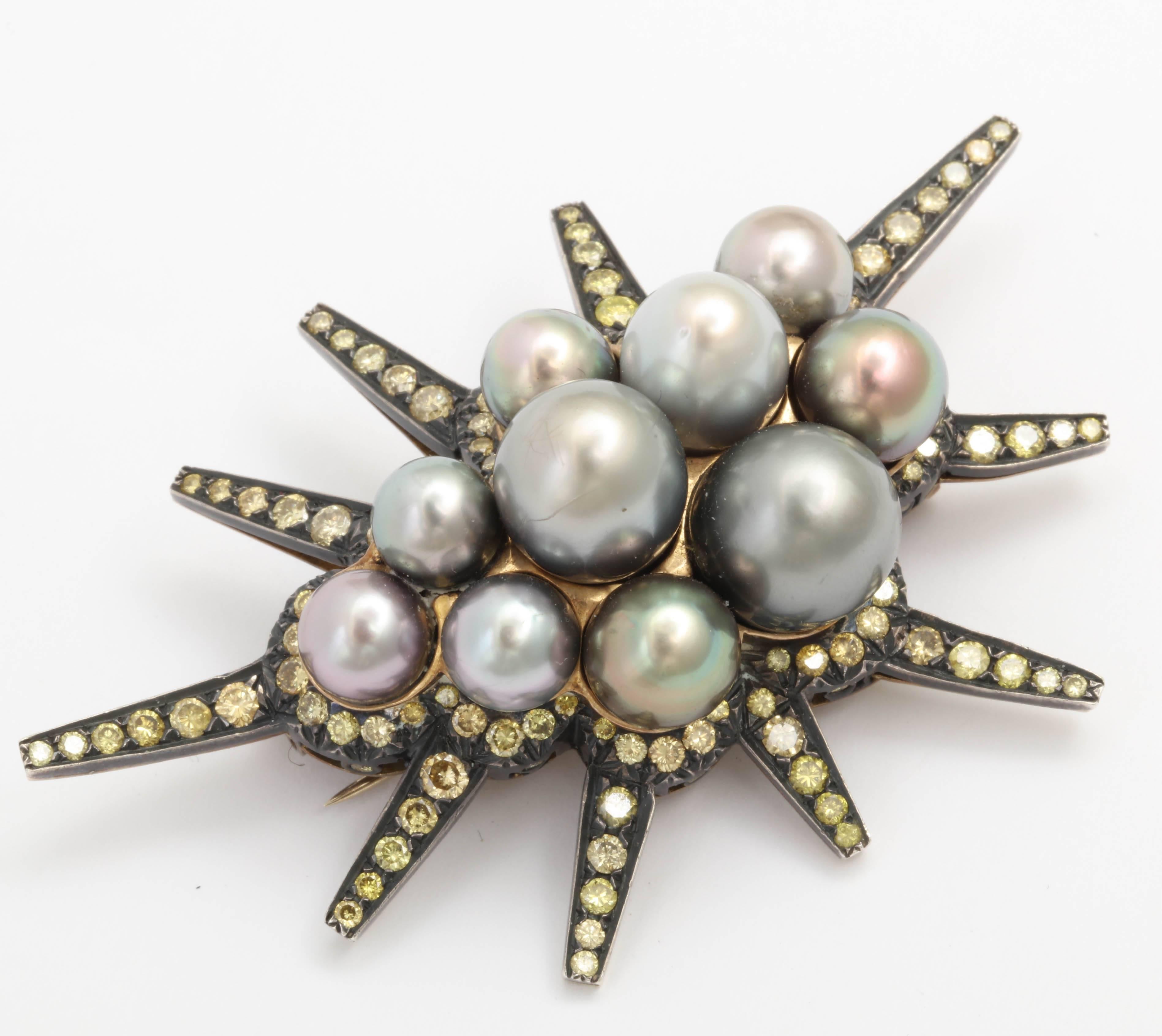 Marilyn Cooperman Pearl and Yellow Diamond Comet Pin In Excellent Condition In New York, NY