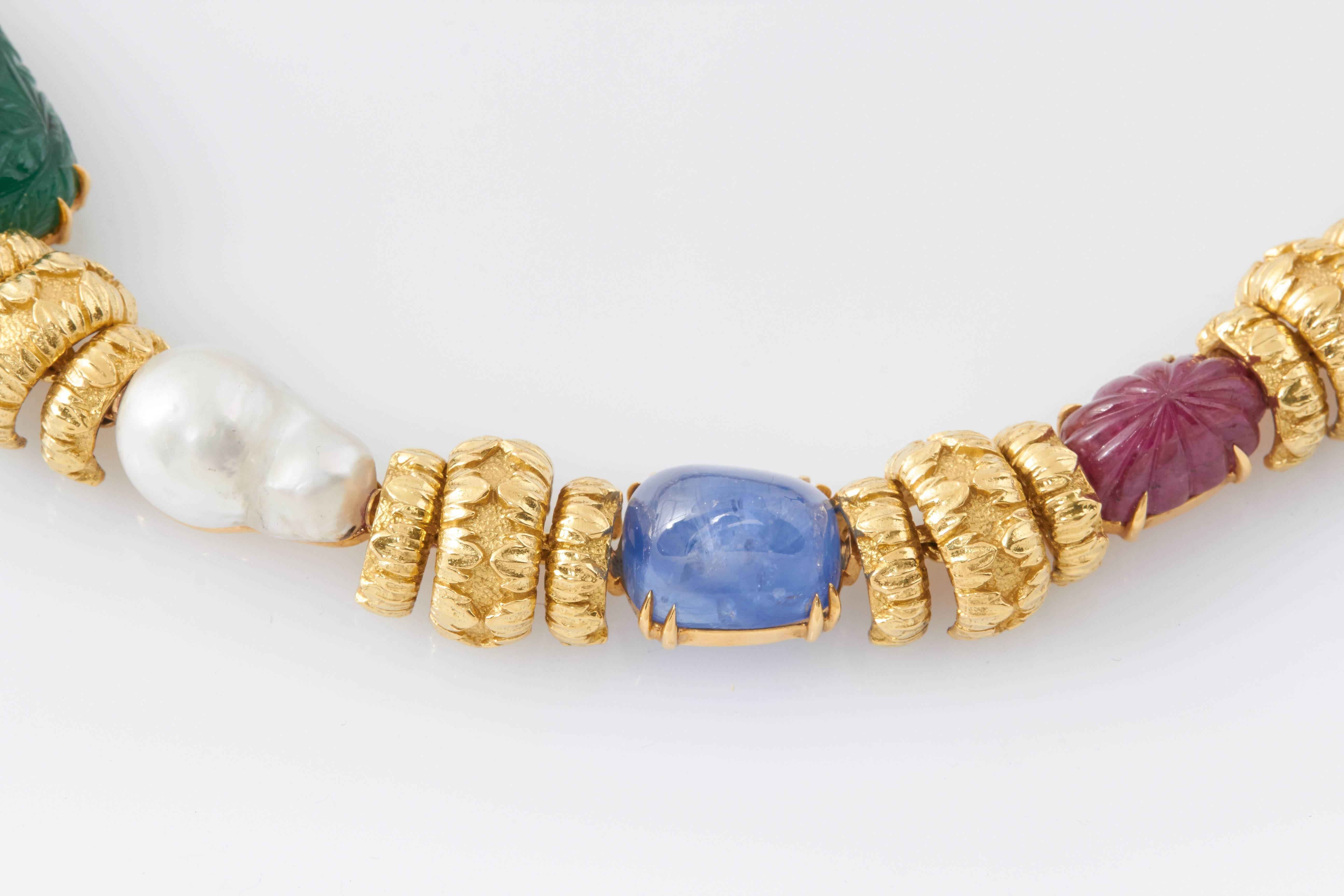 David Webb South Sea Pearl Cabochon Ruby Sapphire Emerald Necklace In Excellent Condition In New York, NY