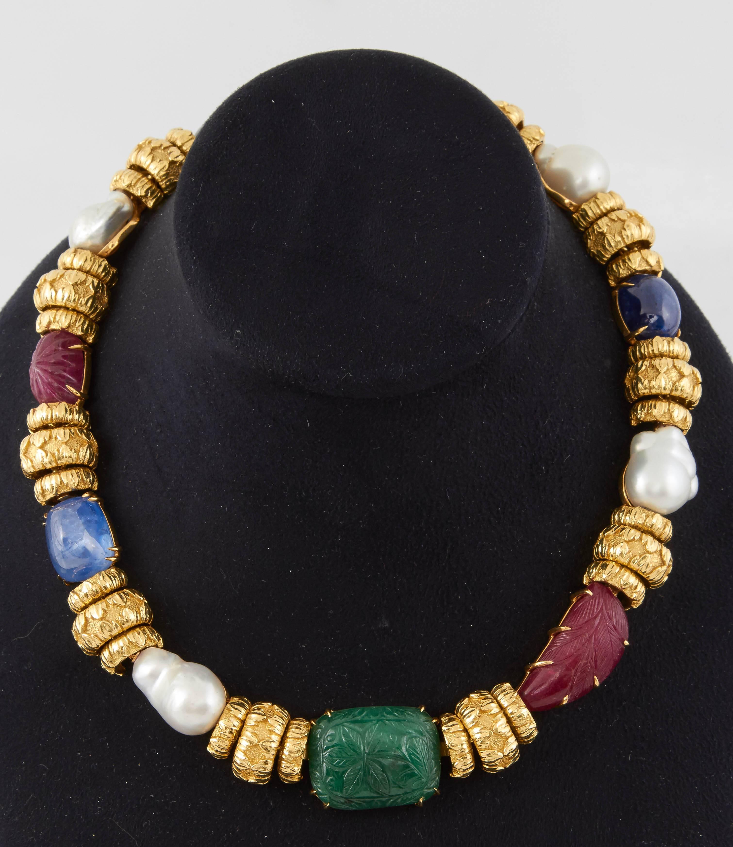 David Webb South Sea Pearl Cabochon Ruby Sapphire Emerald Necklace 1