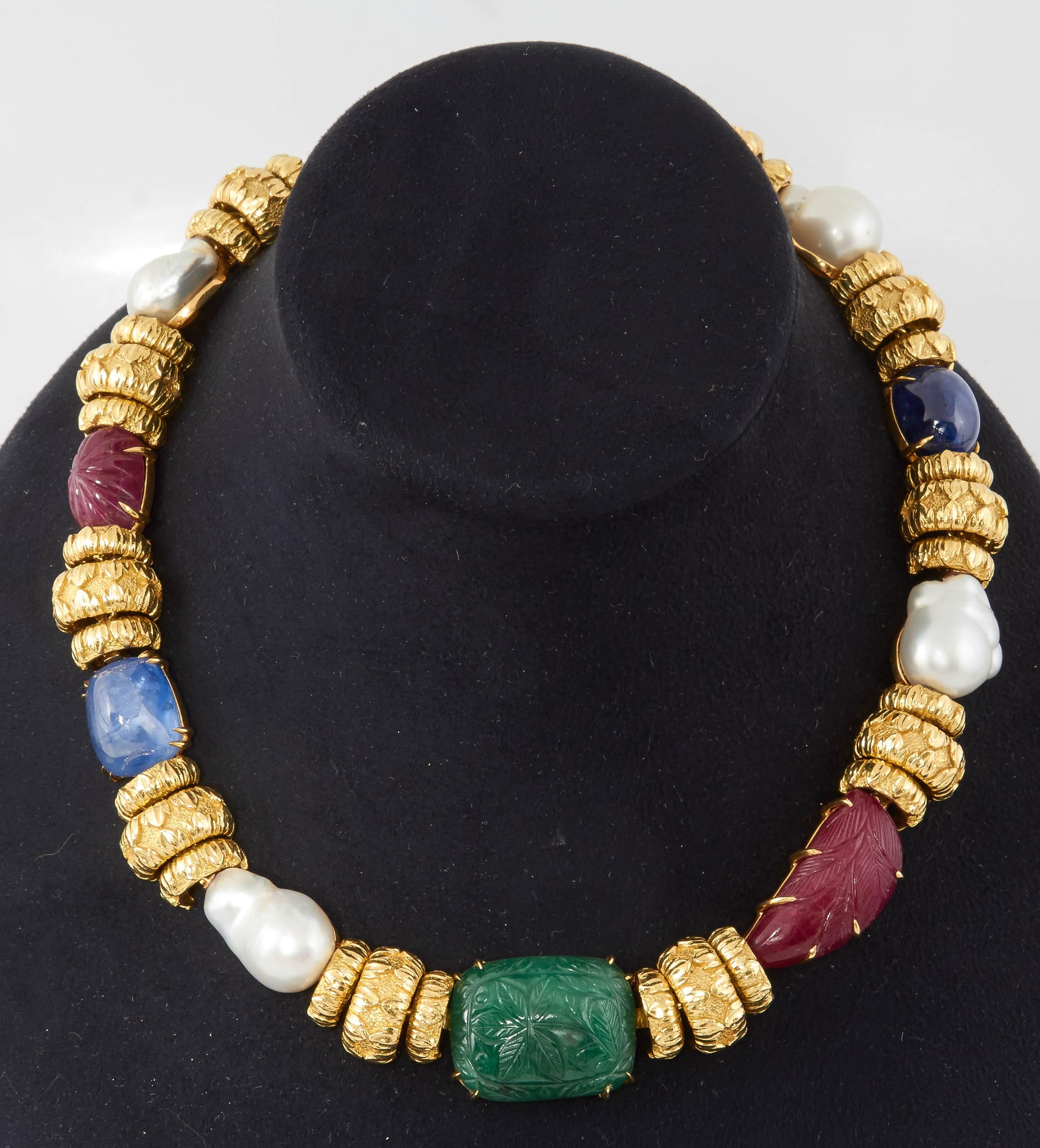 David Webb South Sea Pearl Cabochon Ruby Sapphire Emerald Necklace 2