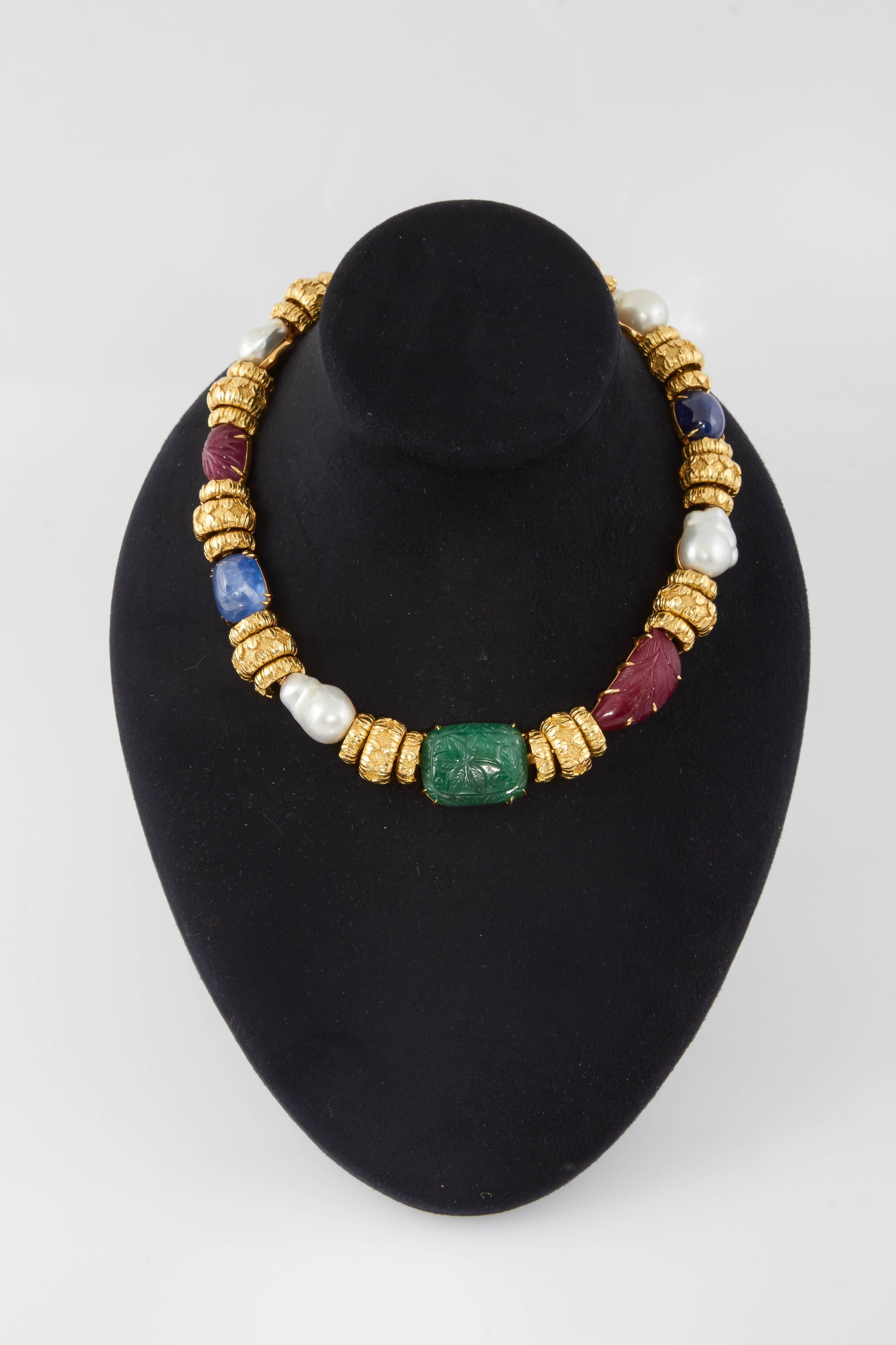 David Webb South Sea Pearl Cabochon Ruby Sapphire Emerald Necklace 3