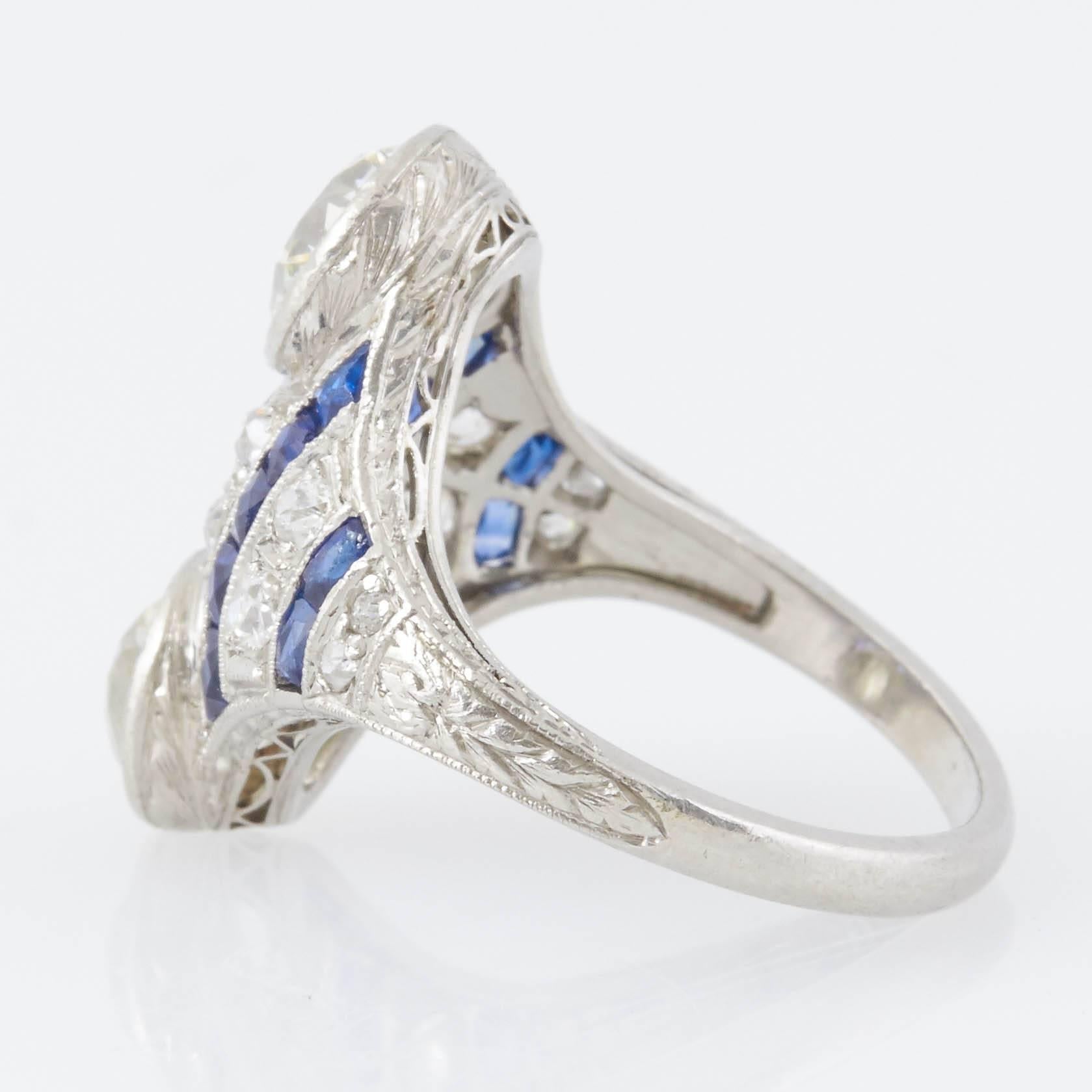 Round Cut 1920s Diamond Sapphire Panel Ring