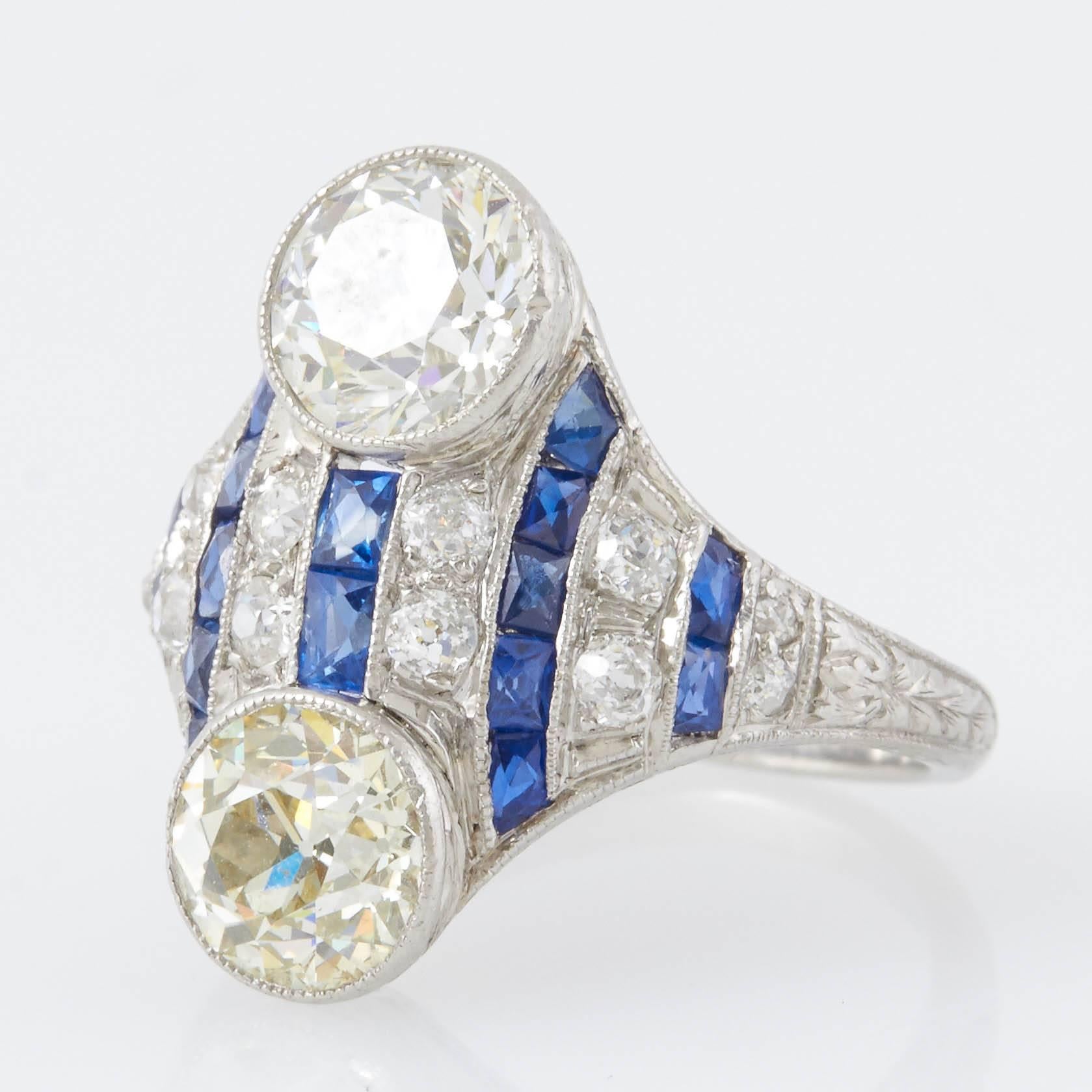 1920s Diamond Sapphire Panel Ring In Excellent Condition In New York, NY