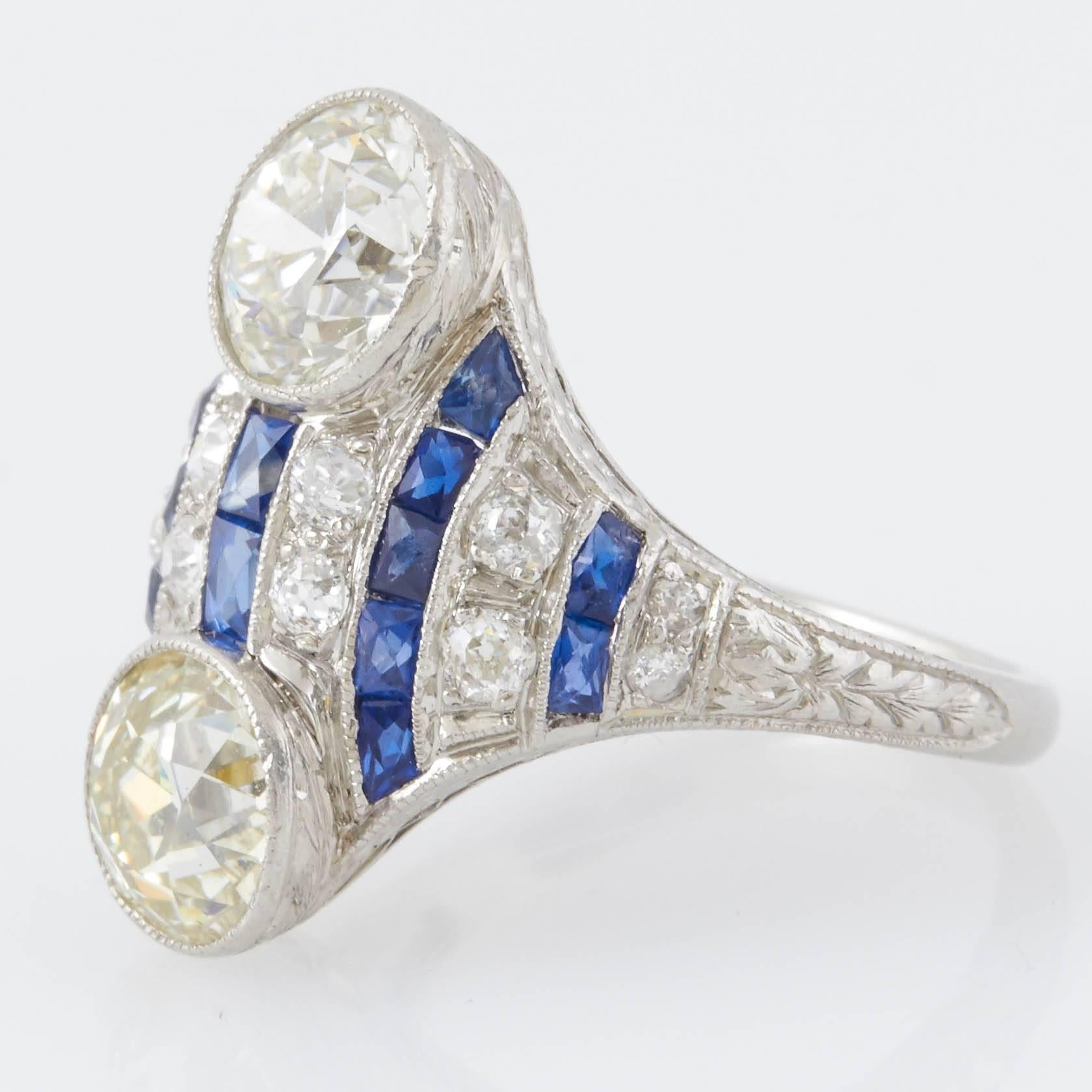 Women's 1920s Diamond Sapphire Panel Ring