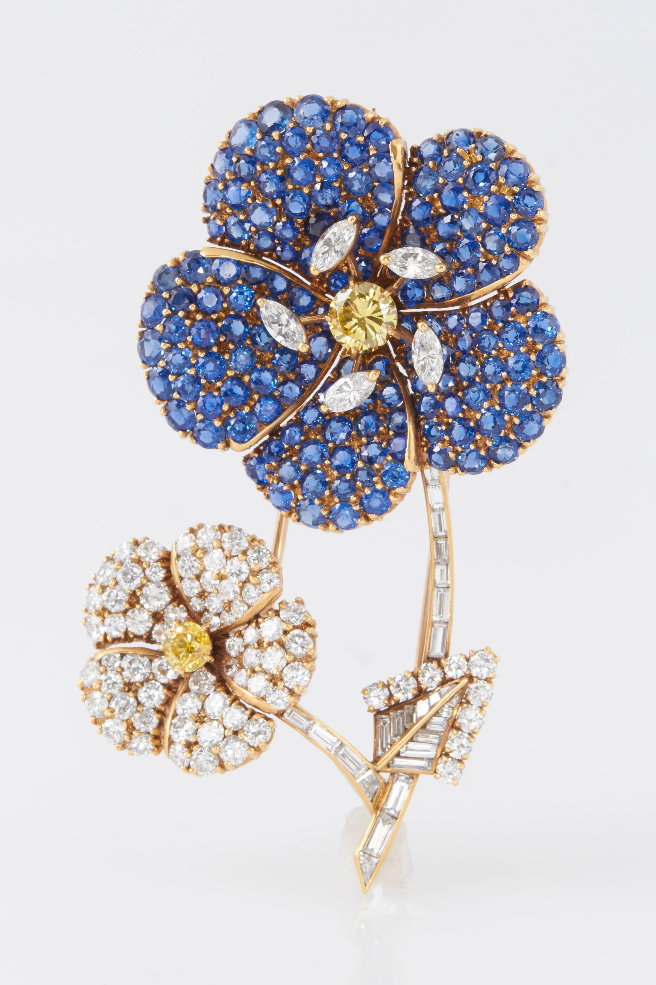 Women's or Men's Cartier Sapphire Diamond Flower Brooch For Sale