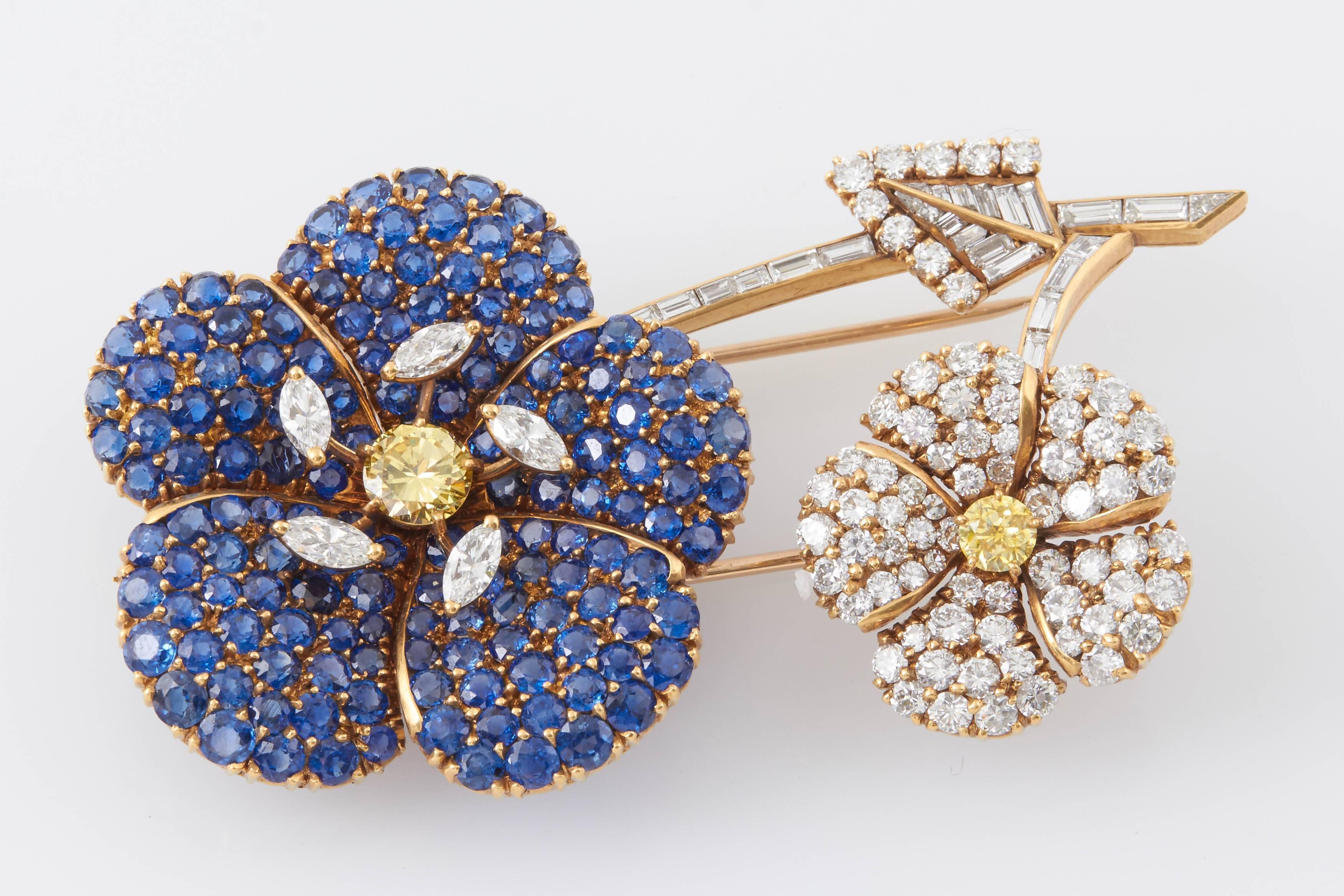 Cartier Sapphire Diamond Flower Brooch For Sale 2