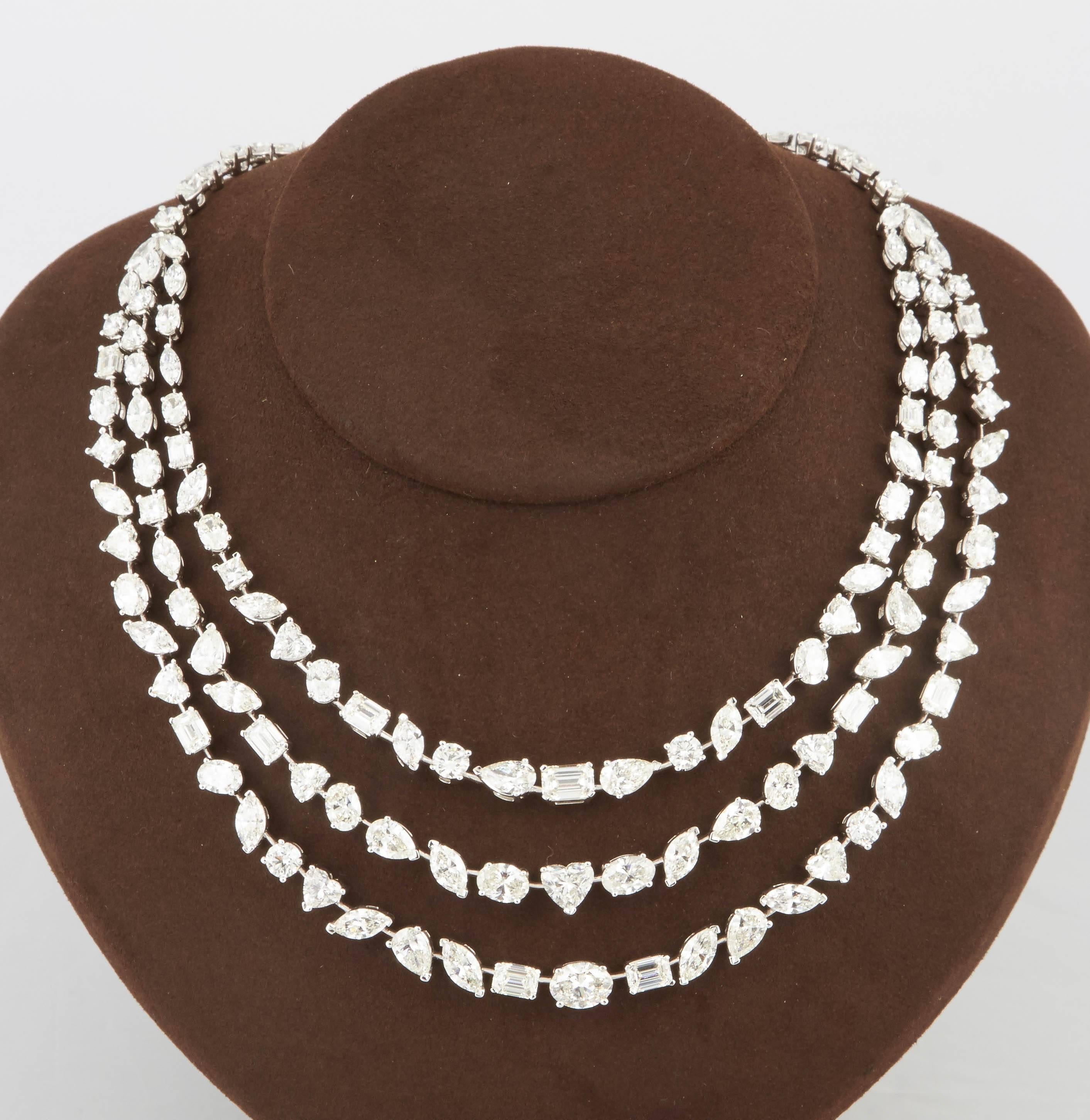 Important Multi Shape Diamond white gold Three-Row Necklace In New Condition In New York, NY