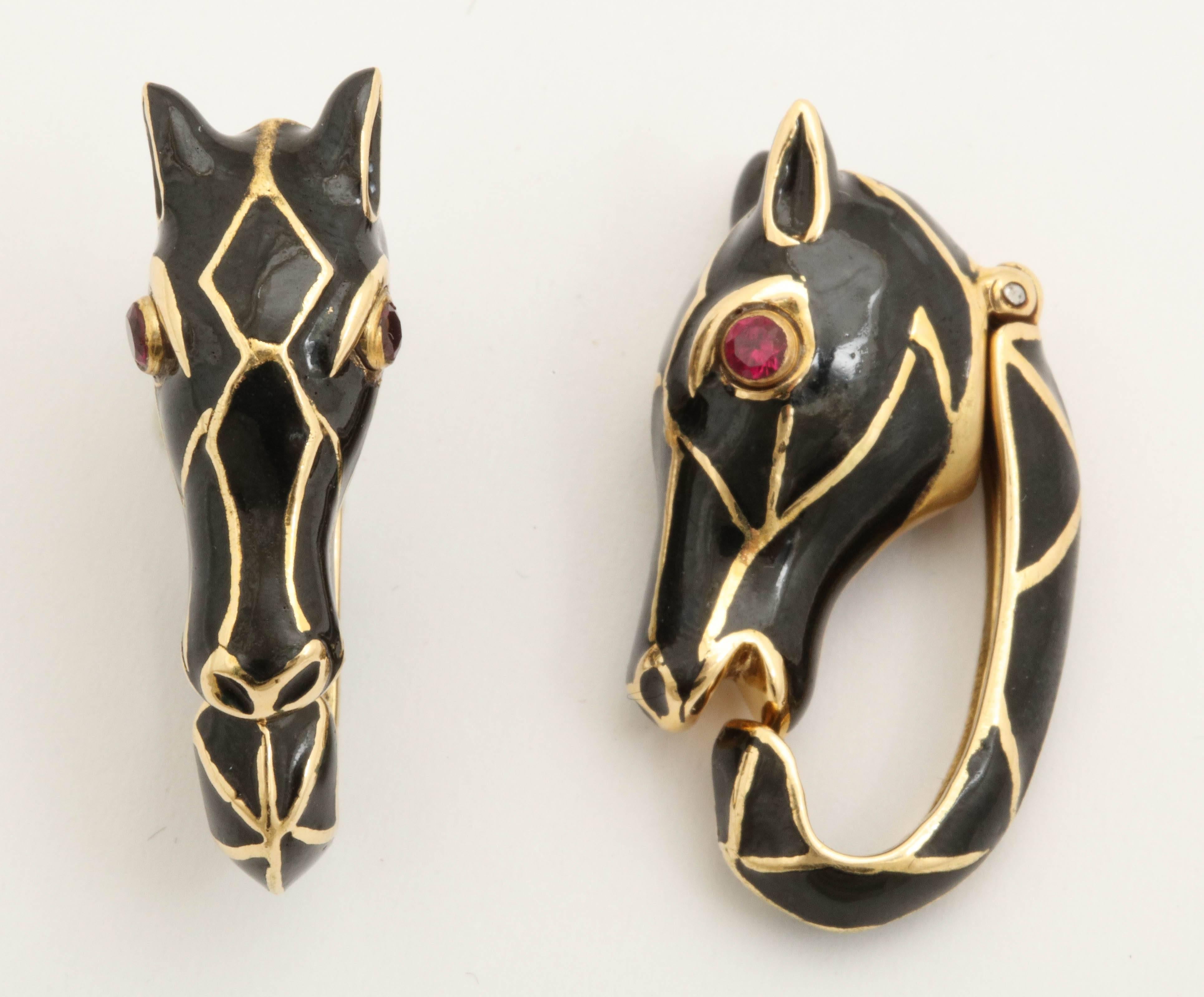 Women's David Webb Black Steel Enamel and Ruby Figural Horse Gold Cufflinks